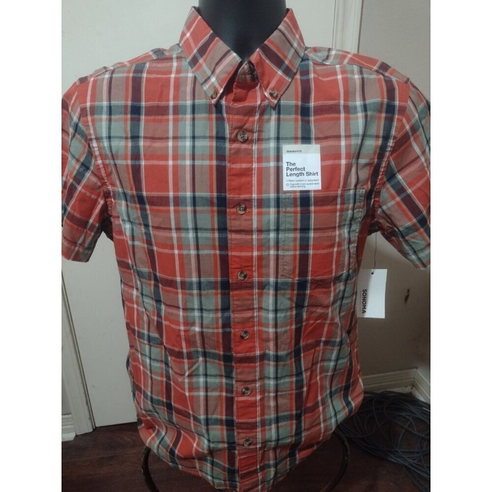New Men’s SONOMA Perfect Length Button Down Shirt Small S Short Sleeve Plaid